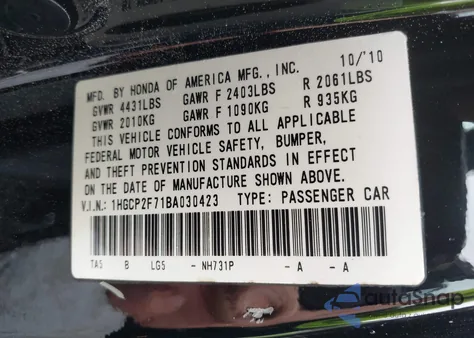 2011 Honda Accord 2.4 Ex from USA, damaged, VIN 1HGCP2F71BA030423